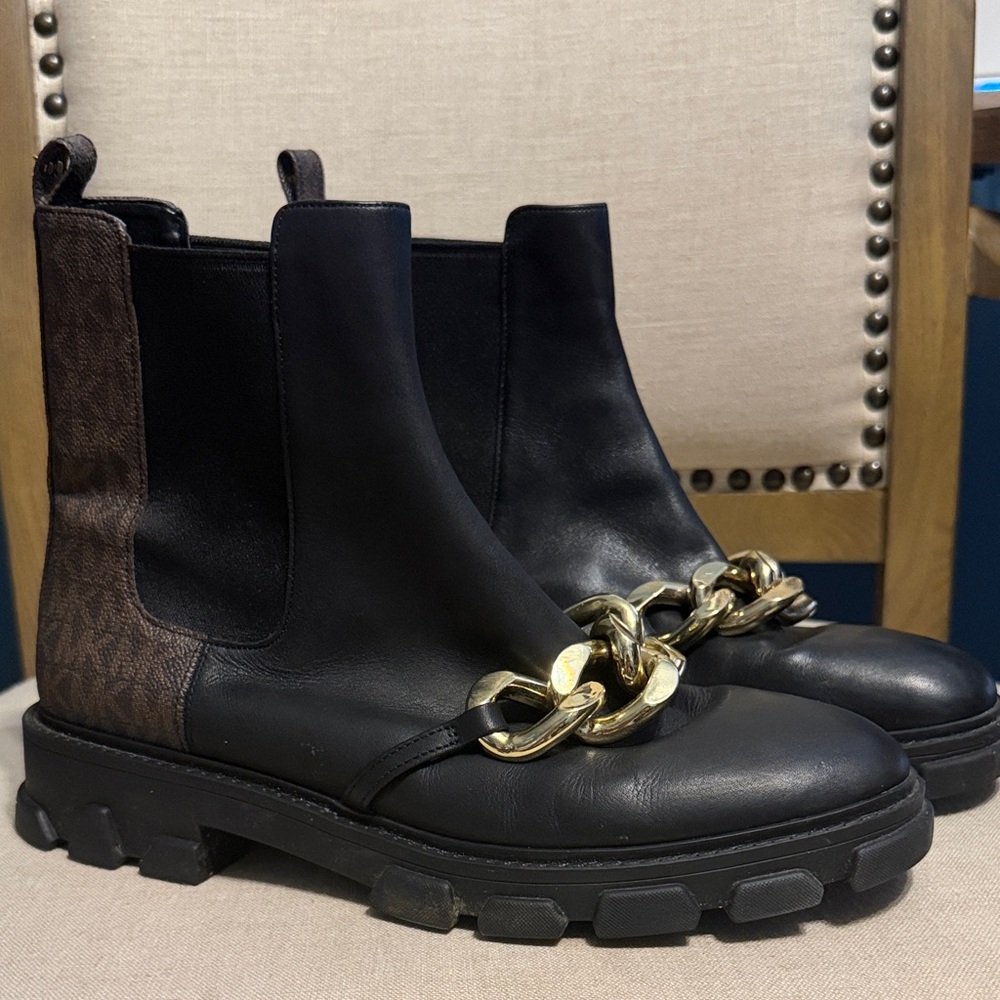 Michael Kors Scarlett Ankle Chelsea Boots with Gold Chain Accents, Size 9M